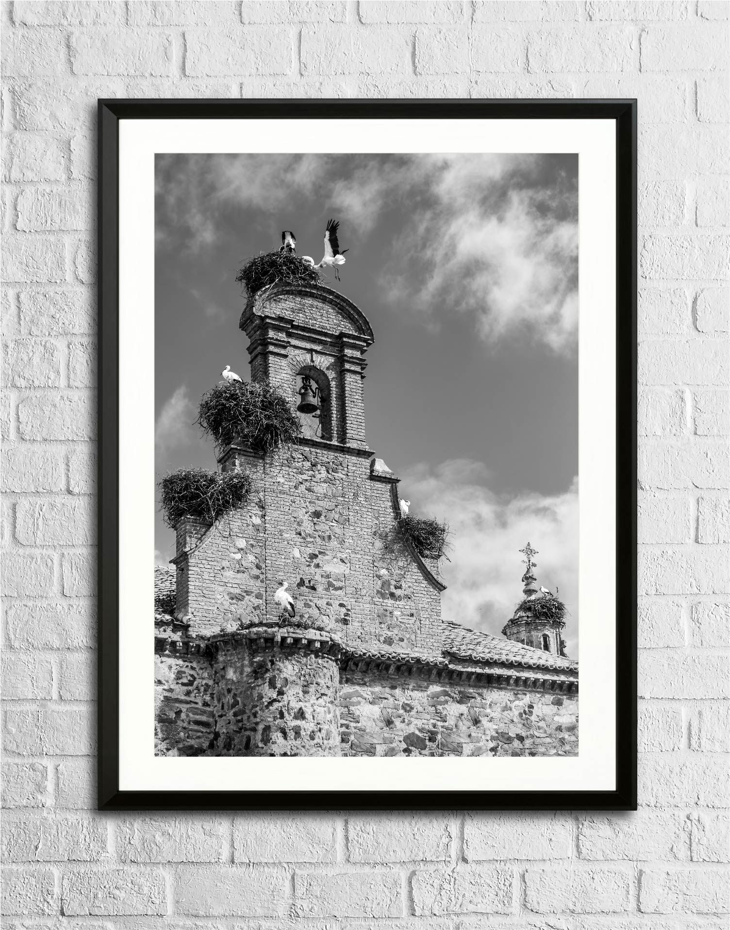 Mise en situation du tirage "Les cigognes espagnoles" encadré sur un mur, photographie d’art imprimée sur papier Fine Art.